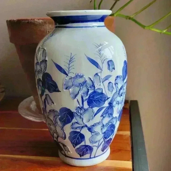 Other - Asian Vase White & Blue Porcelain Floral, Leaf Motif Vase Mid 20th Century